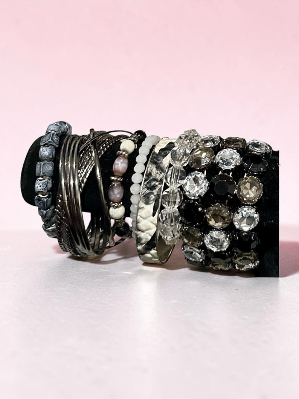 Chunky Neutral Stacked Bracelet Set Crystal Glass Beaded Cuff Arm Party Bangle